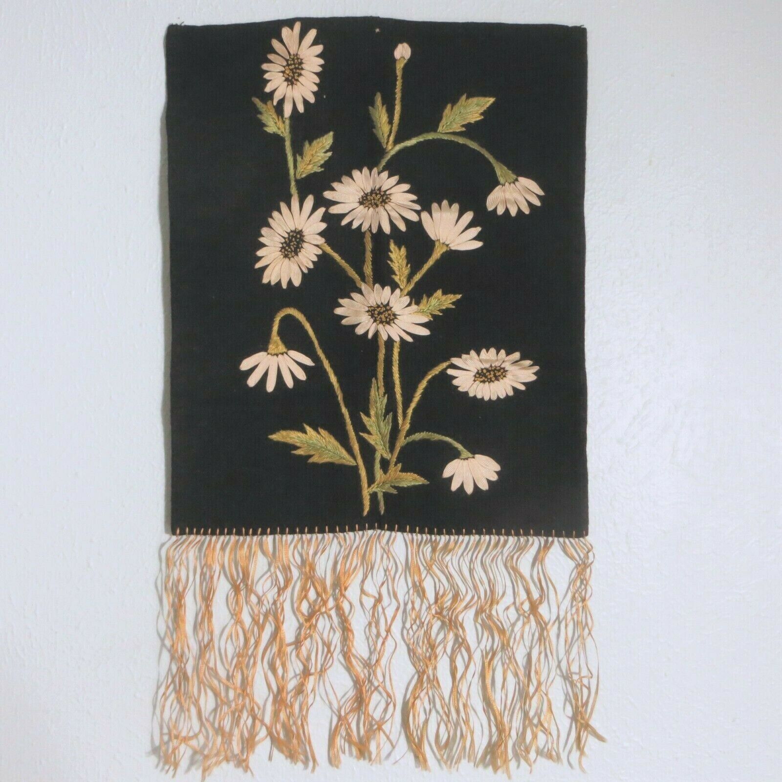 Antique Floral Wall Hanging Ribbonwork Embroidery Ribbon Daisy Flowers