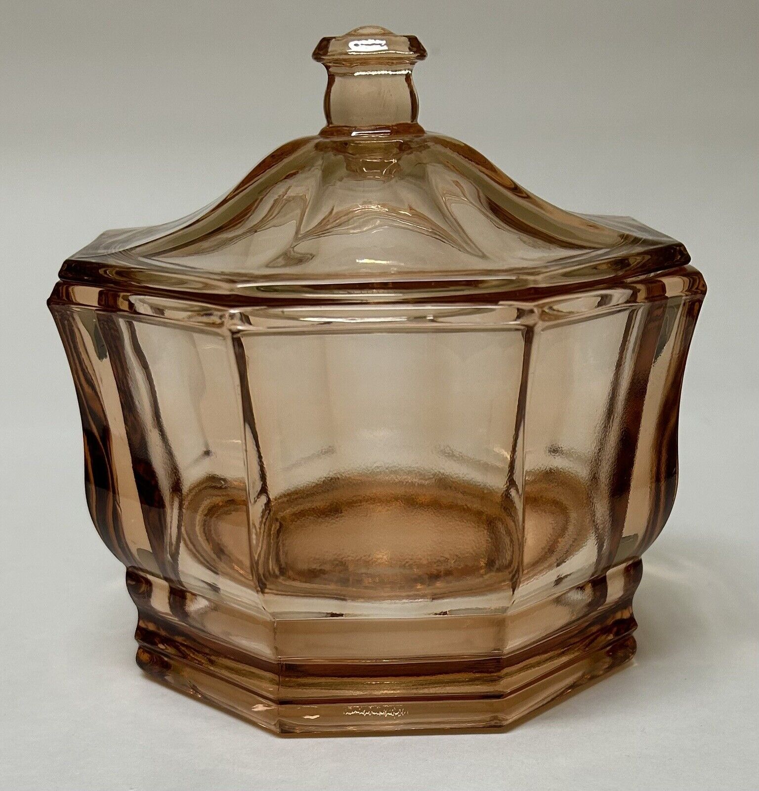 Vintage Indiana Glass Concord Octagonal Candy Dish with Lid Peach