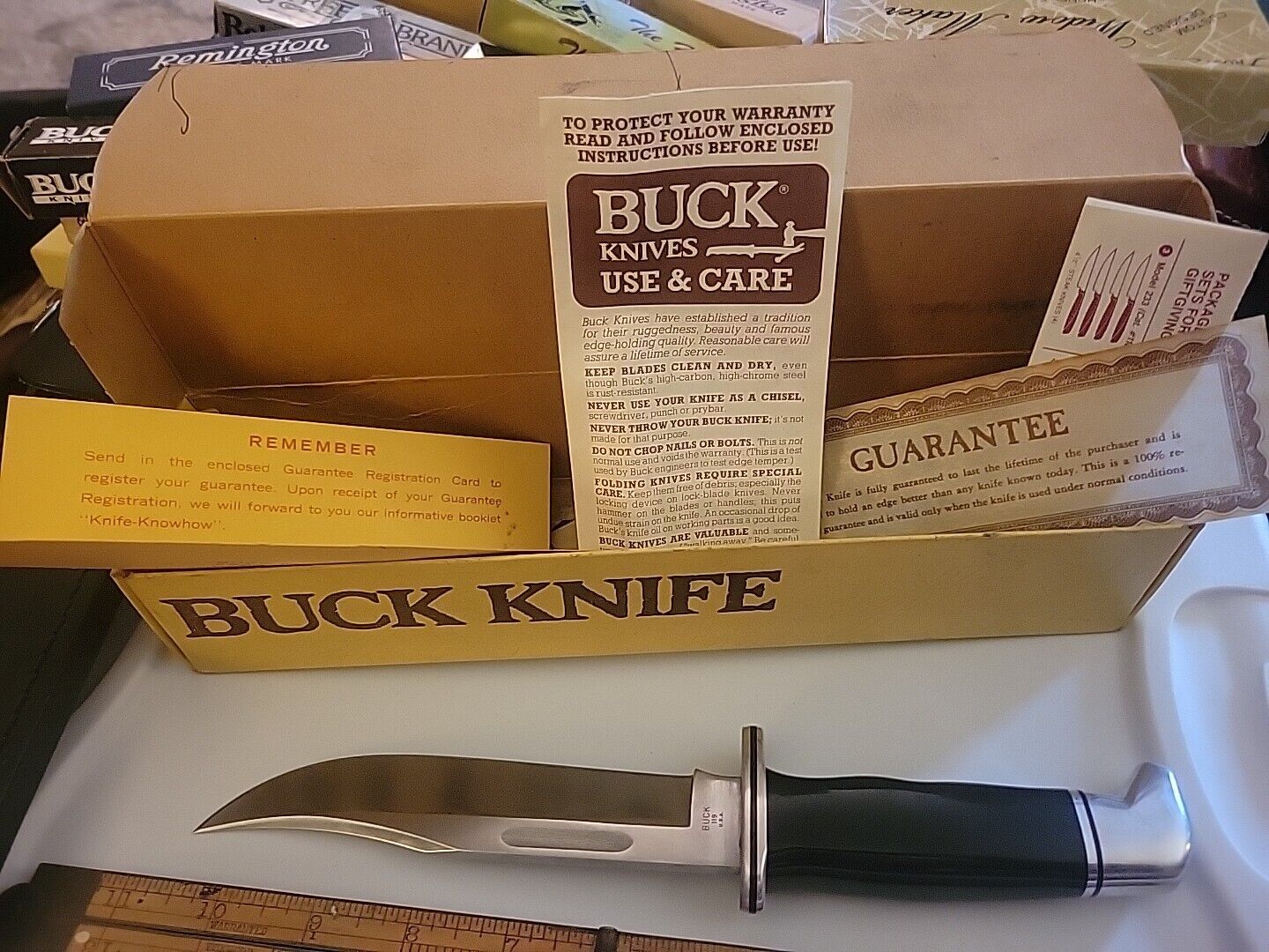 VINTAGE PRE DATE CODE BUCK 119 KNIFE NEVER USED IN BOX With Papework Sheath RARE