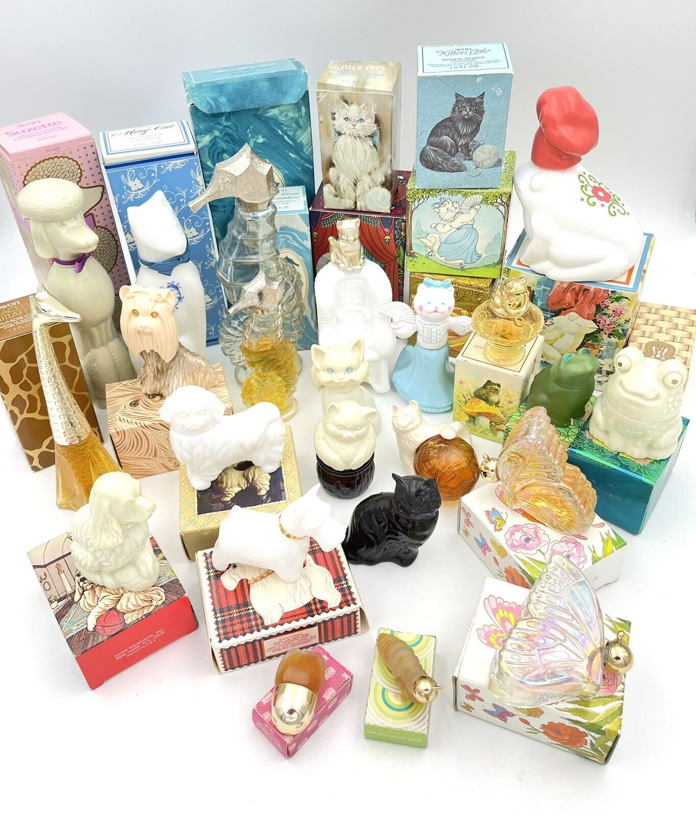 Vintage Boxed Avon Figural Perfume Bottles Cats Dogs Frogs and Animals Lot of 23