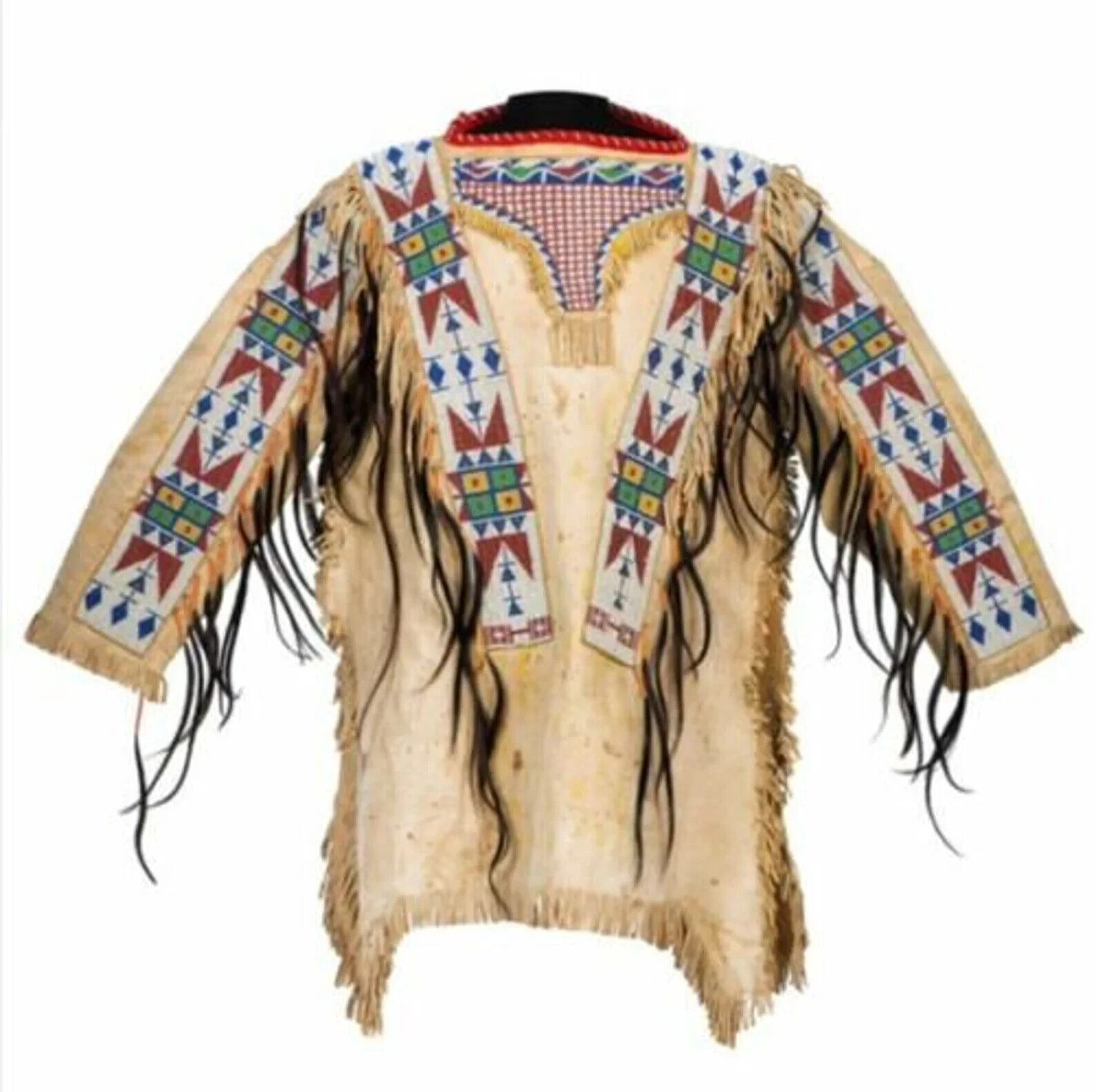 Native Old Style Beige Buckskin Suede Hide Fringes Beaded Powwow War Shirt NHS08