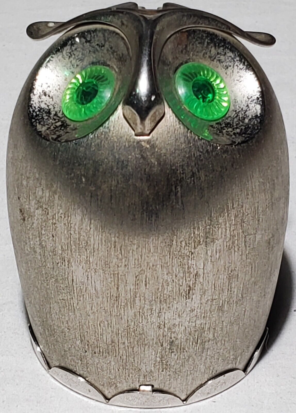 Vintage NAPIER Brushed Silver-tone Metal Owl Coin Bank with Green Eyes 4