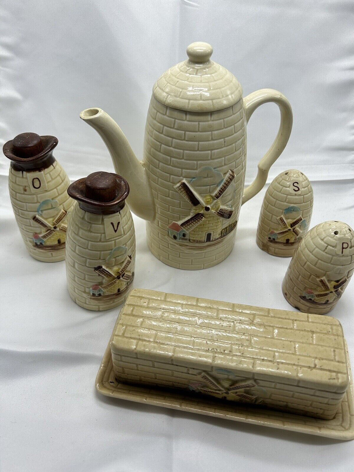 Majolica Windmill Pottery Tea Pot, Butter Dish, Oil & Vinegar, Salt & Pepper Set