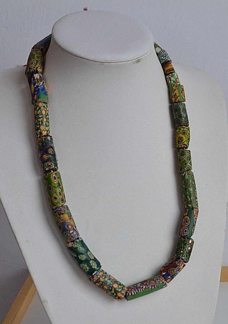 rare huge Antique African Venetian Millefori green glass trade beads Necklace 