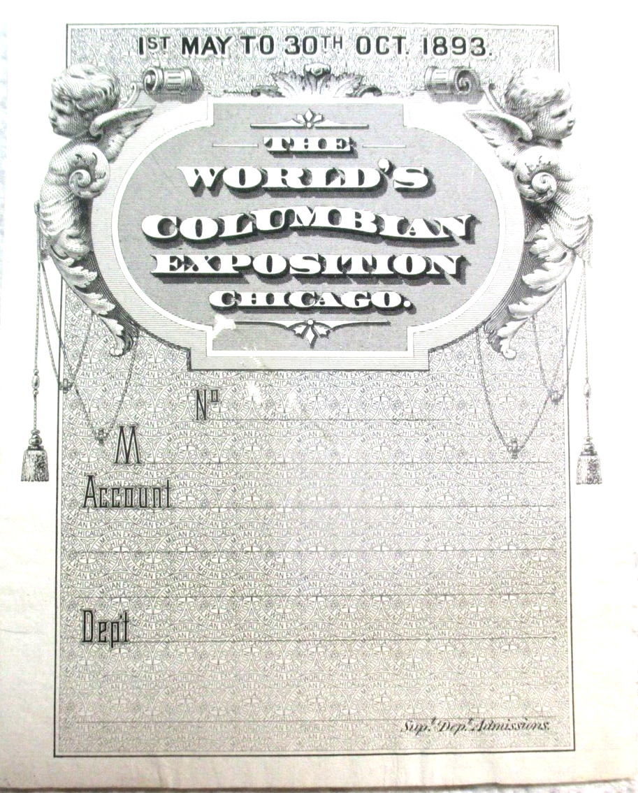 UNIQUE/RARE WORLD\'S COLUMBIAN PROOF OF TICKET BOOK COVER ON VERY THIN PAPER
