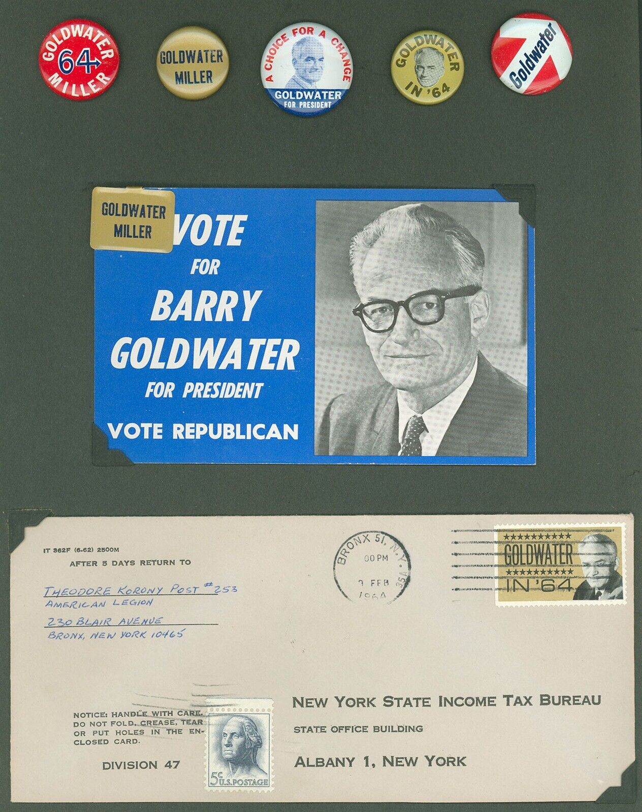 1964 BARRY GOLDWATER COLLECTION, ELECTION BUTTONS, MAILING & POSTER STAMP Cover