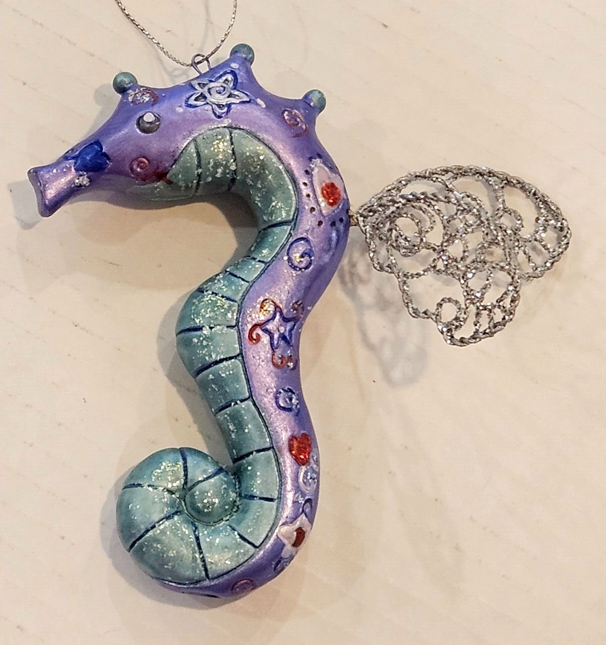 Seahorse Christmas Ornament Ceramic Purple and Blue Twisted Wire Glitter Wings