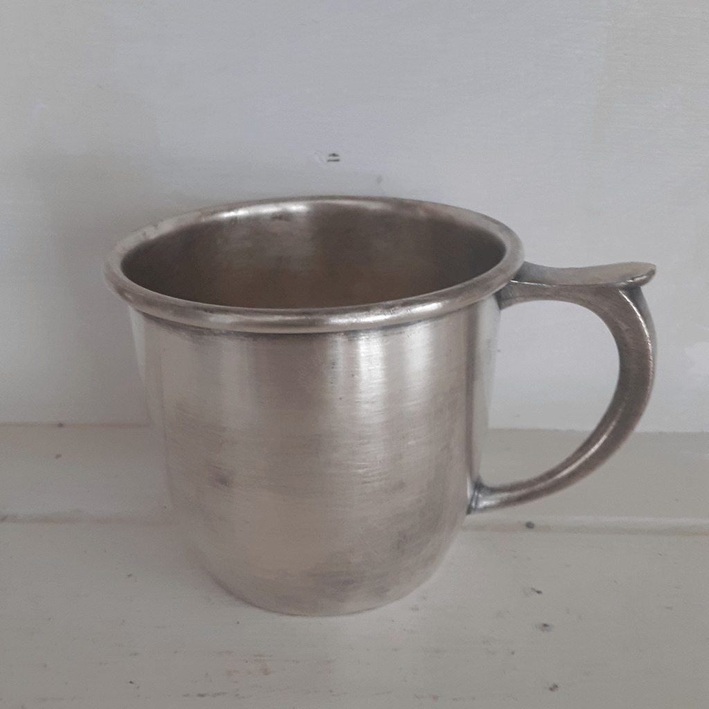 Vintage 1948 Rogers silverplate infant baby cup mug initials JKJ