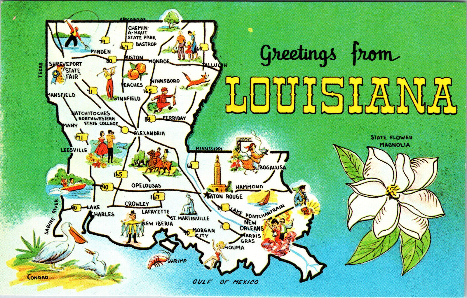 Postcard Greetings From Louisiana Points Of Interest State Facts & Roadways