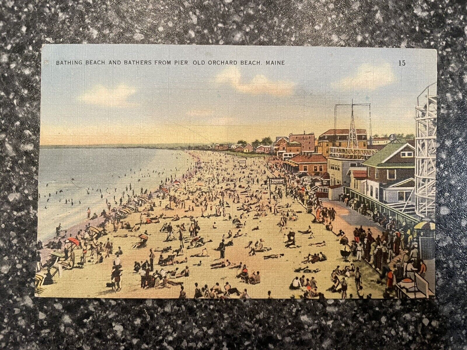 Old Orchard Beach Maine Postcard Vintage  Unposted Bathing Beach Bathers Linen