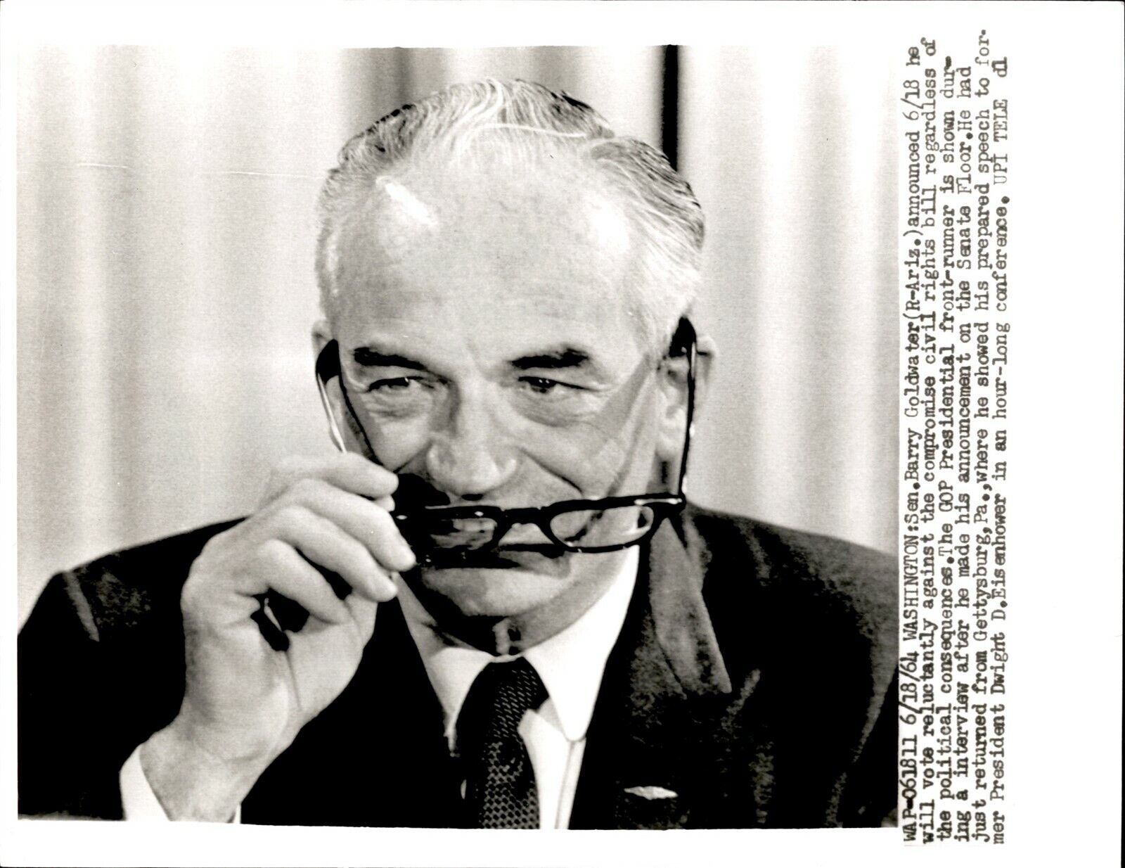 GA150 1964 UPI Wire Photo SEN BARRY GOLDWATER TO VOTE AGAINST CIVIL RIGHTS BILL