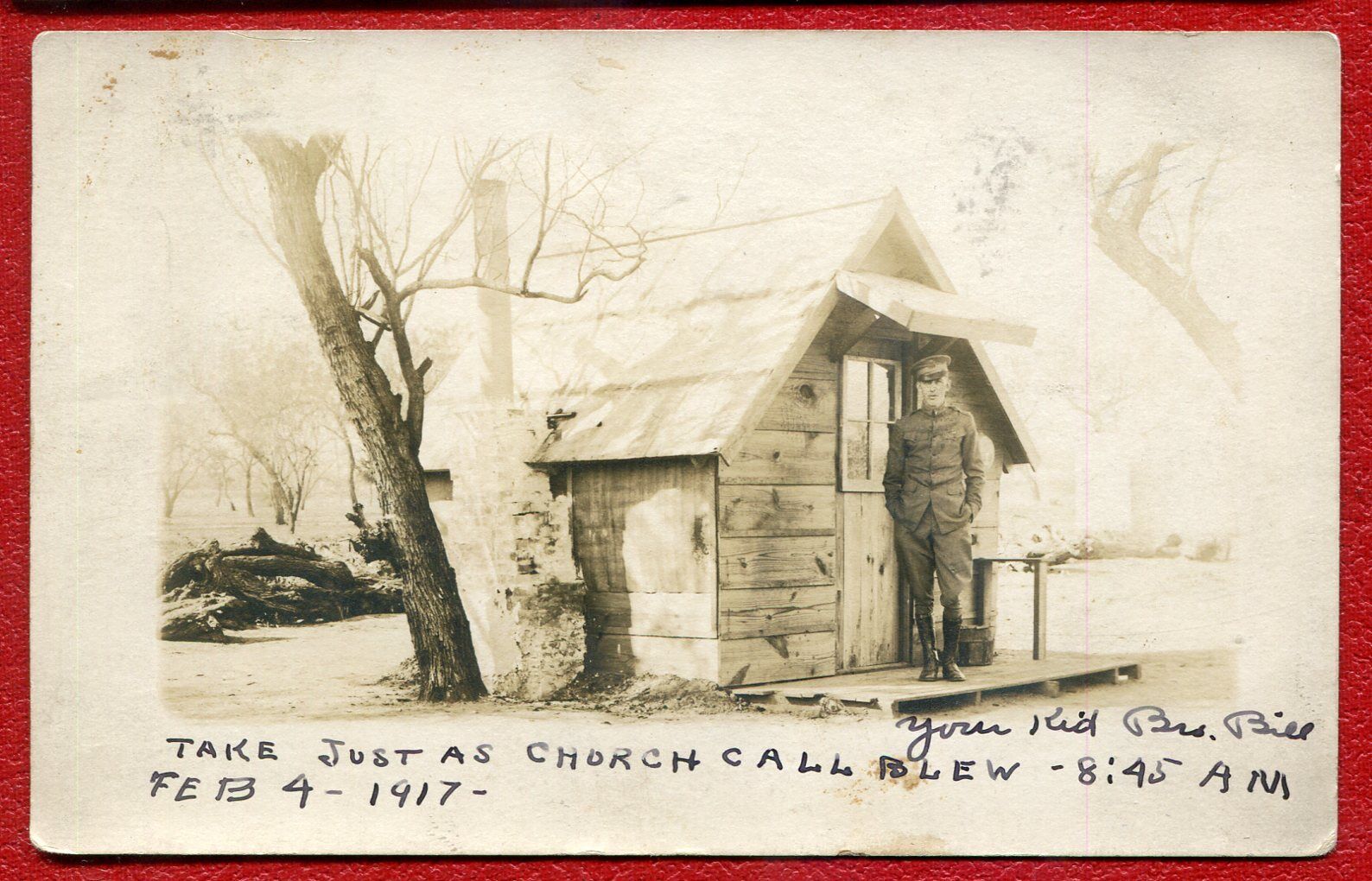 US Army Soldier ready for church call WW1 real photo postcard RPPC