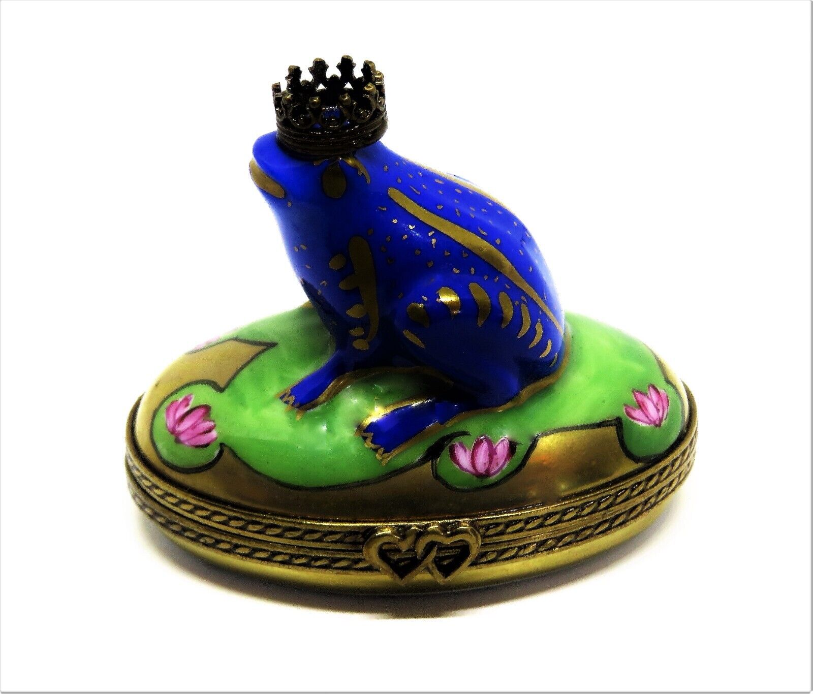 LIMOGES FRANCE BOX -WHIMSICAL BLUE FROG PRINCE & METAL CROWN- LILY PAD & FLOWERS