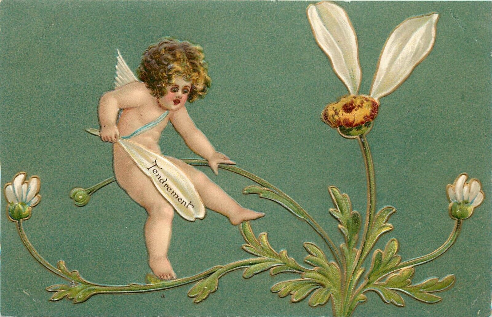 UDB Embossed Postcard Cupid Plucks off Daisy Petals, Tendrement (She Loves Me)