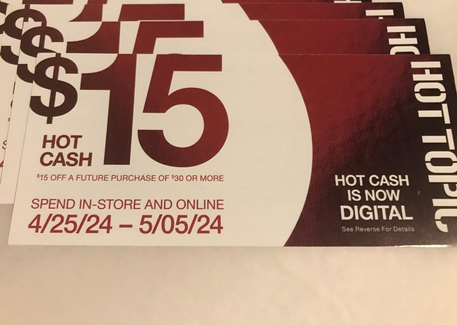 3 Hot Topic Hot Cash $15 off $30 coupon codes valid from 04/25/24 to 05/05/24