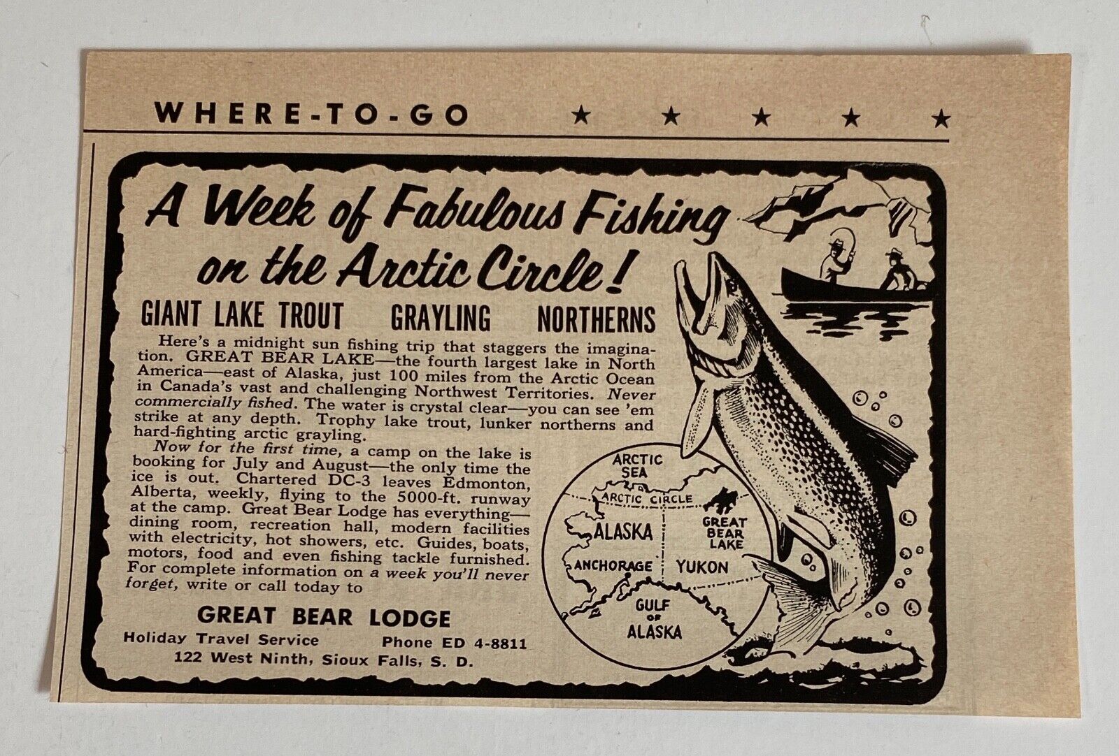 1961 Great Bear Lake Lodge Fishing Arctic Ocean  Sea Giant Lake Trout  Print Ad