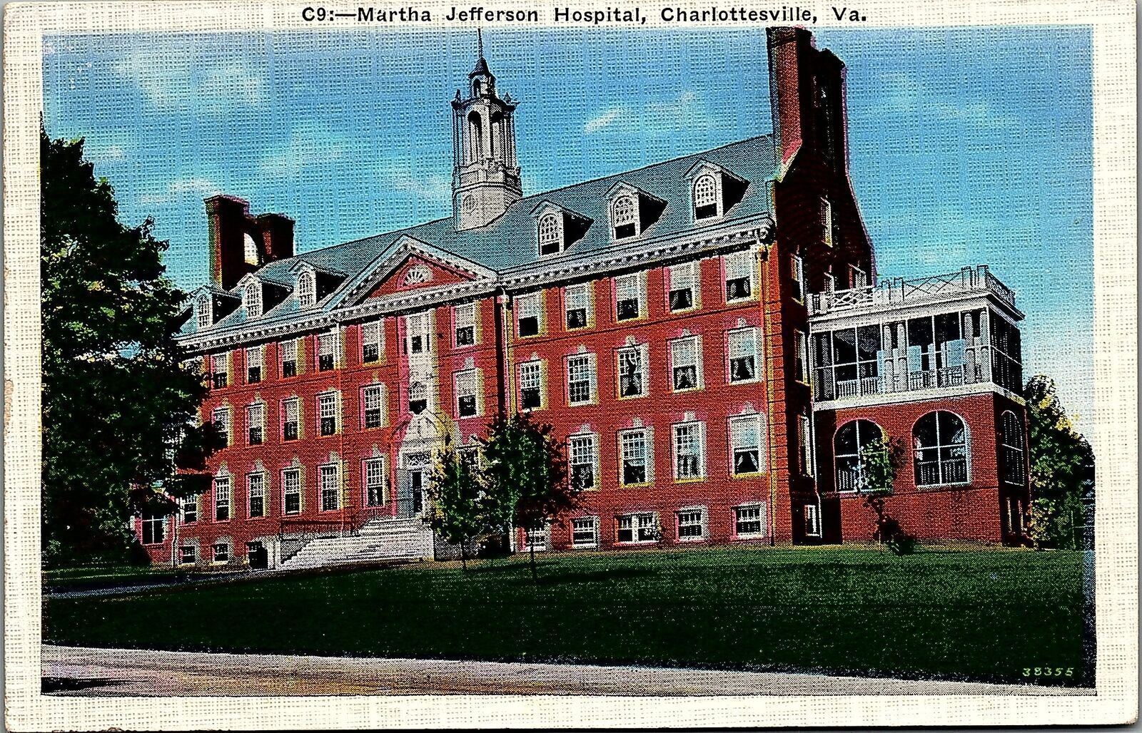 c1935 CHARLOTTESVILLE VIRGINIA MARTHA JEFFERSON HOSPITAL LINEN POSTCARD 38-226