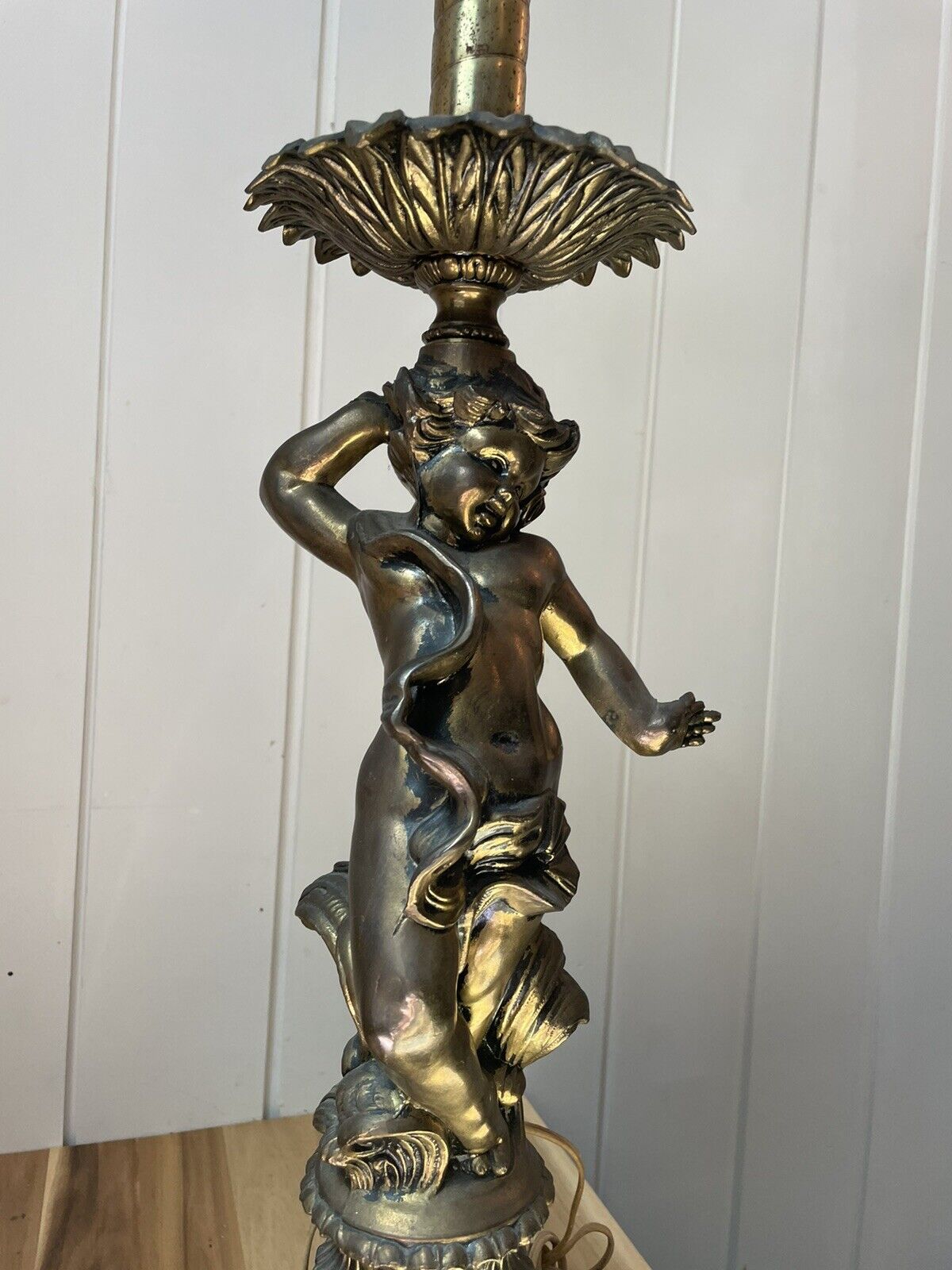 Antique Cherub Cupid Spelter Angel Figural Lamp Light Sculpture