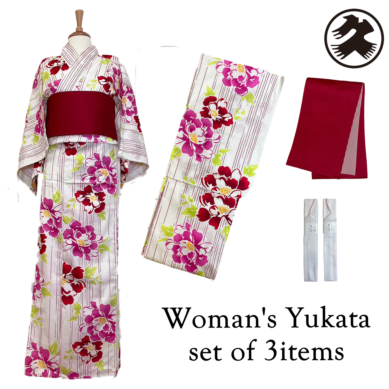 Women\'s Yukata Coordinate Set of 3 For Beginners : White flower & Dark red obi