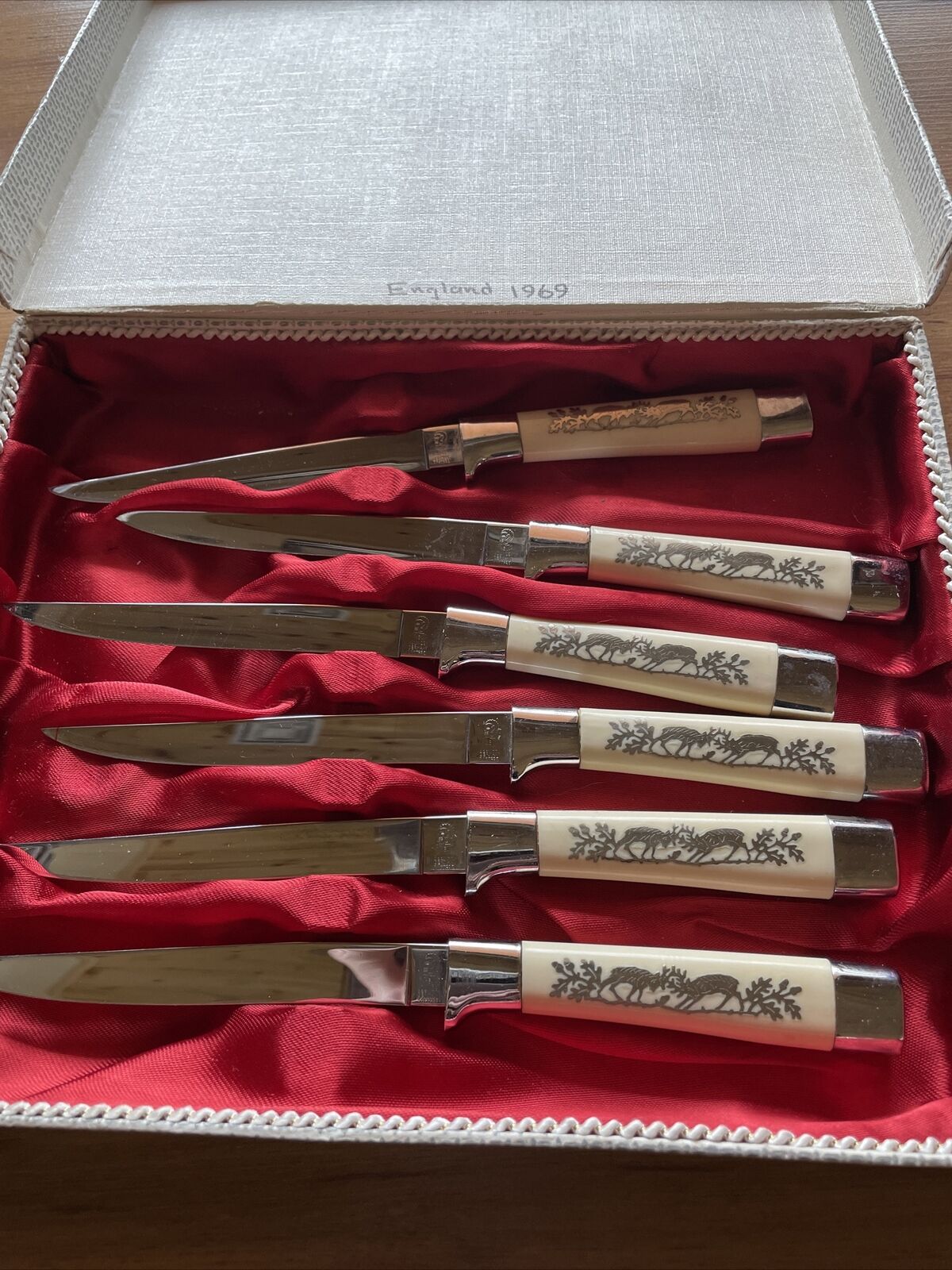 solingen 1960’s German steak knife set In box white elk handles 