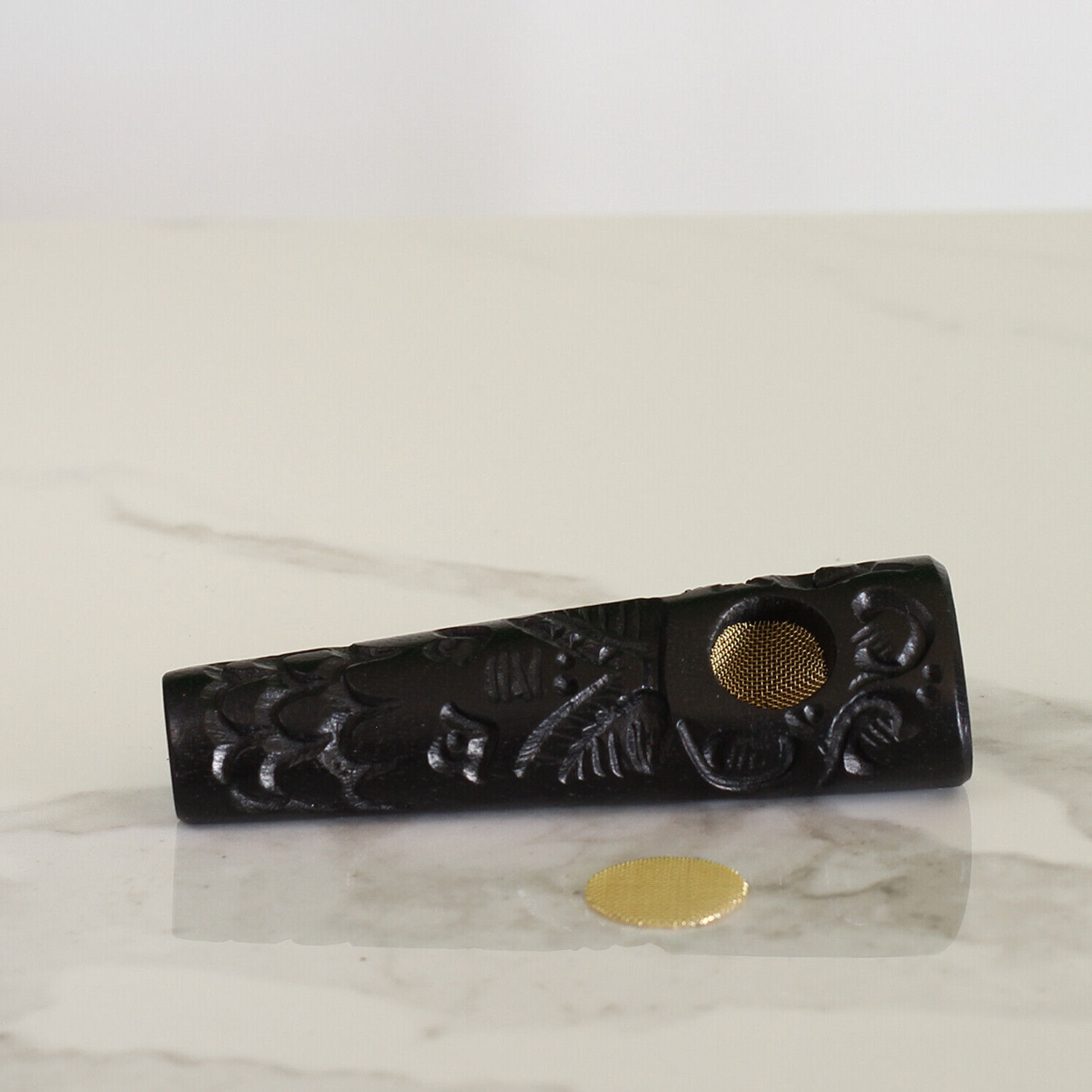 Black Flower Hand Carved Premium wood Smoking Pipe & extra screen