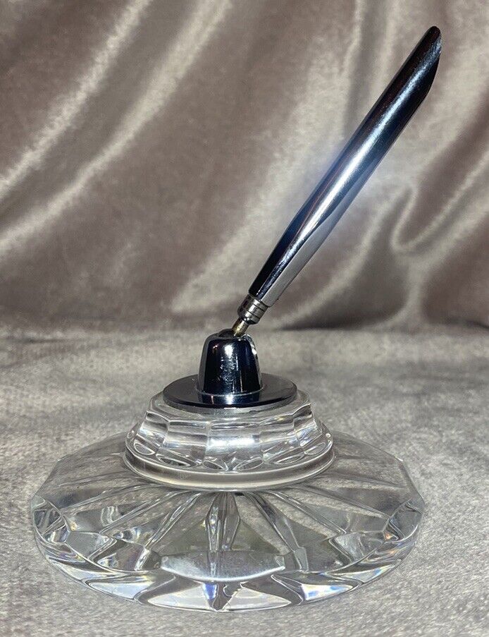 Vintage WATERFORD Crystal 2 3/4 inches Round Silver Chrome PEN HOLDER No Pen
