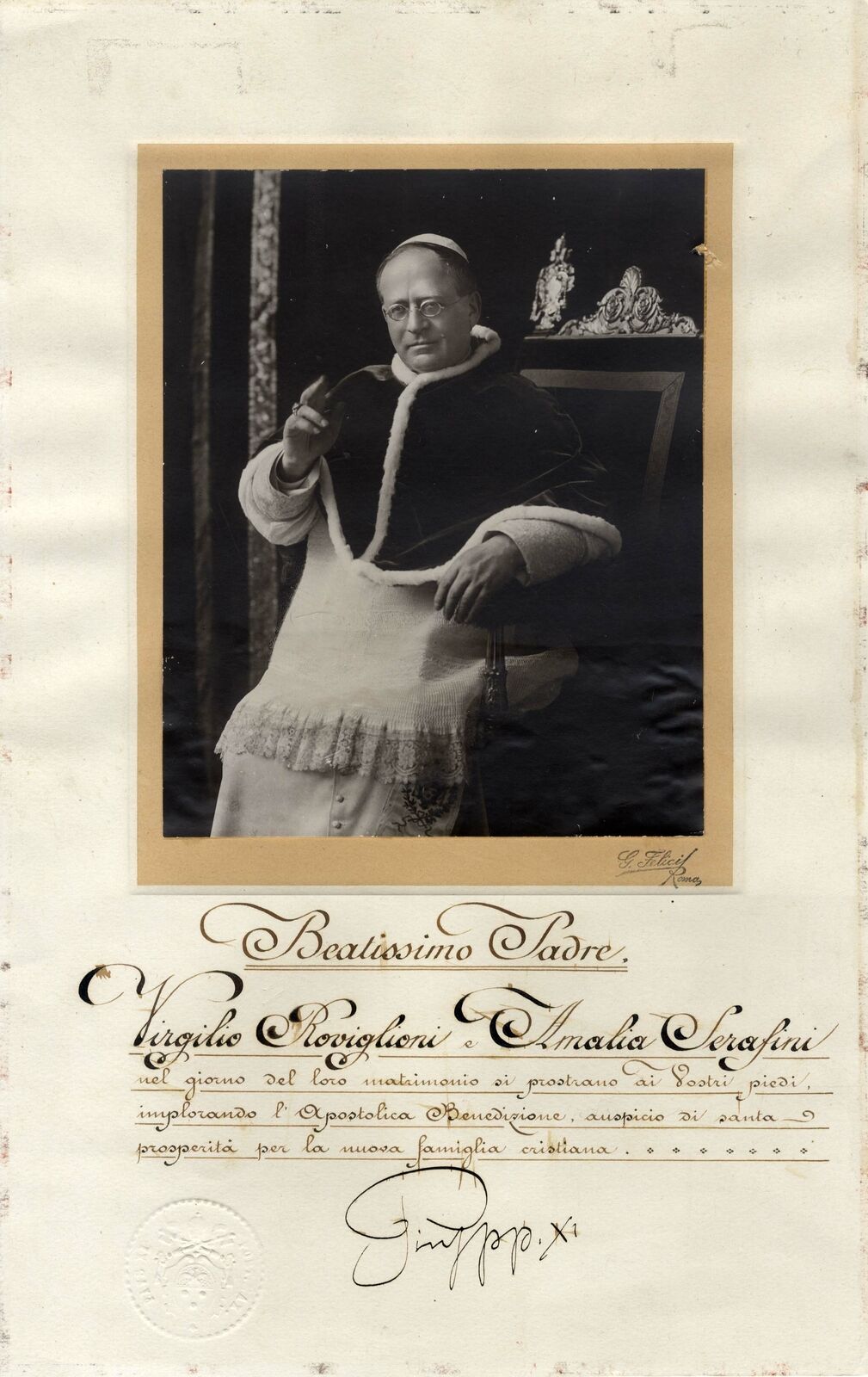 Pope Pius XI. AUTHENTIC autograph, Apostolic blessing with an oversized photo si