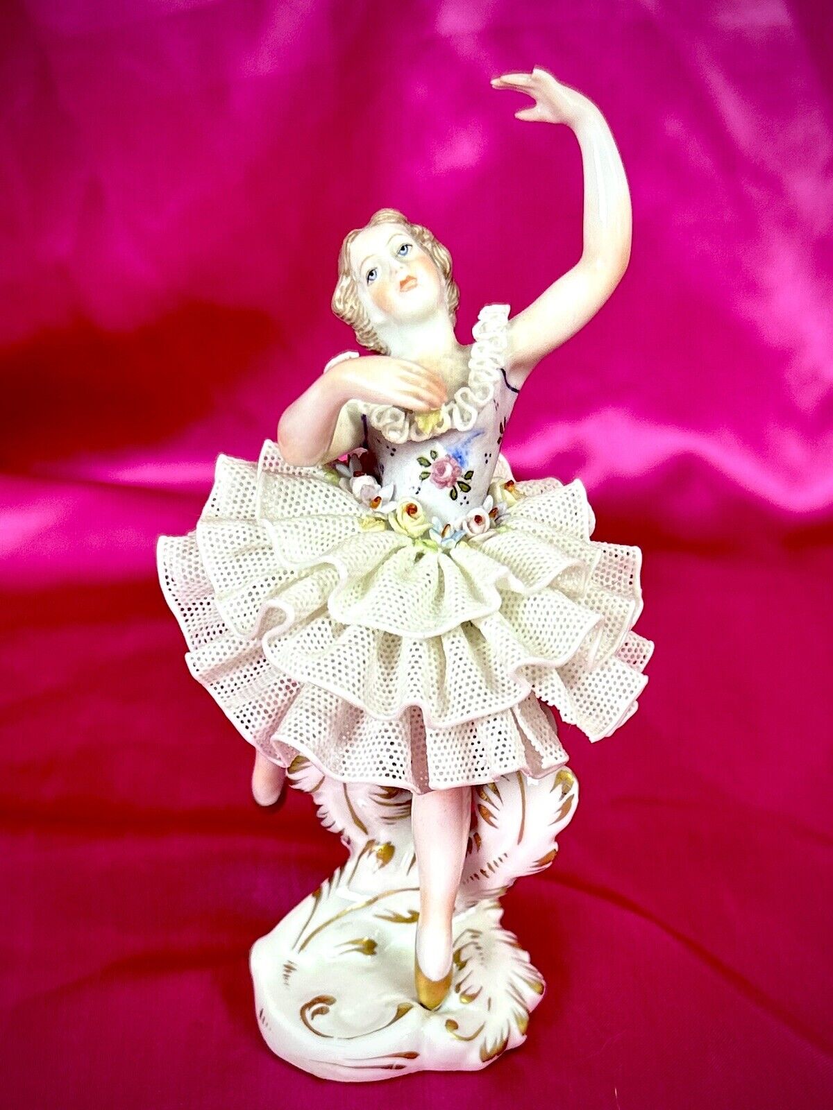 Antique Dresden Lace Figurine Miniature Ballerina Ballet Dancer Pink & White EUC