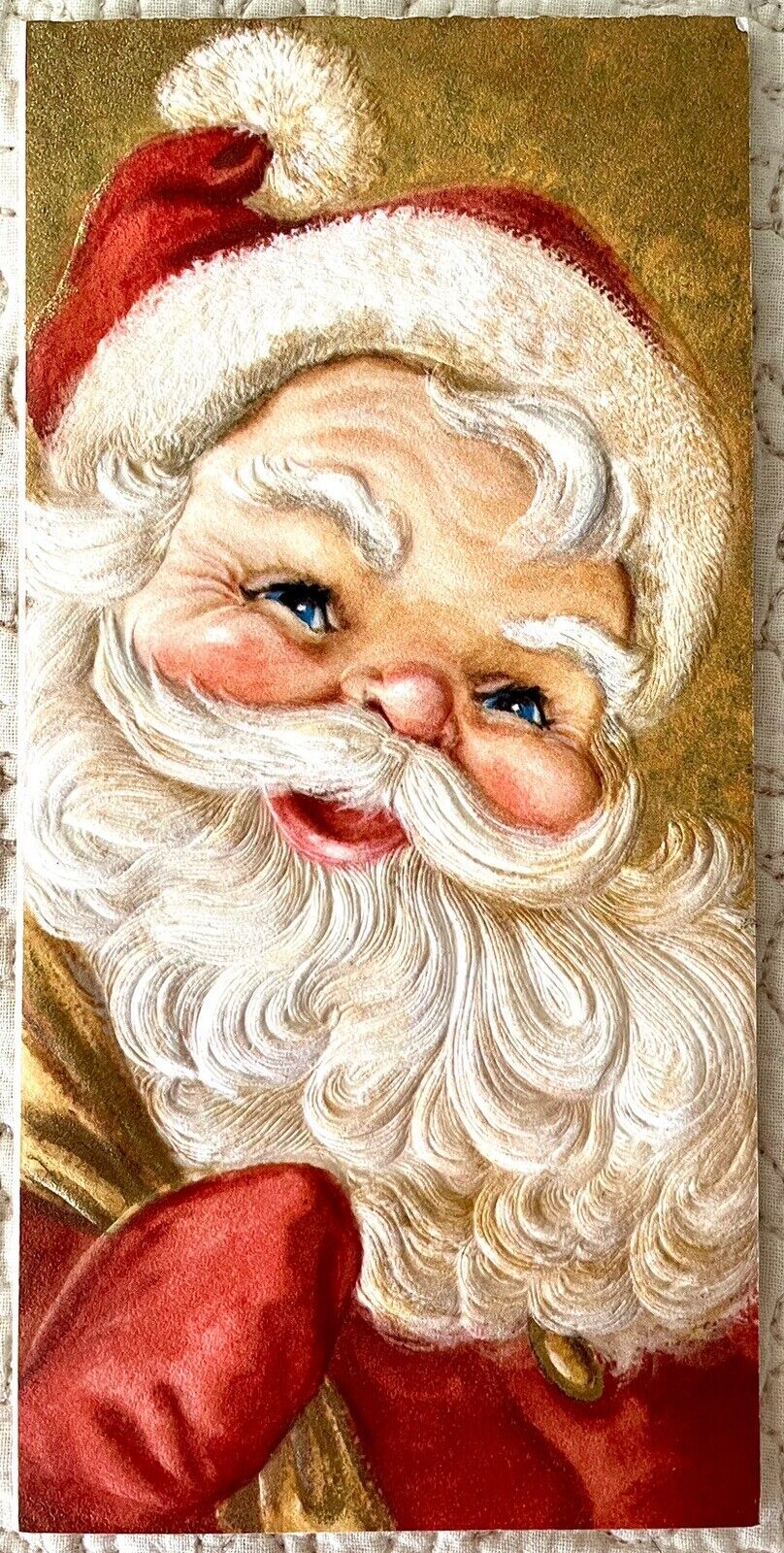 Unused Christmas Santa Face Heavy Embossed Vintage Greeting Card 1960s Hallmark