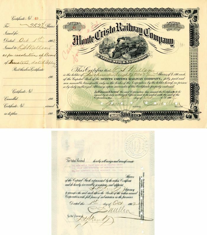 Monte Cristo Railway Co. signed by C.S. Mellen - Stock Certificate - Autographed