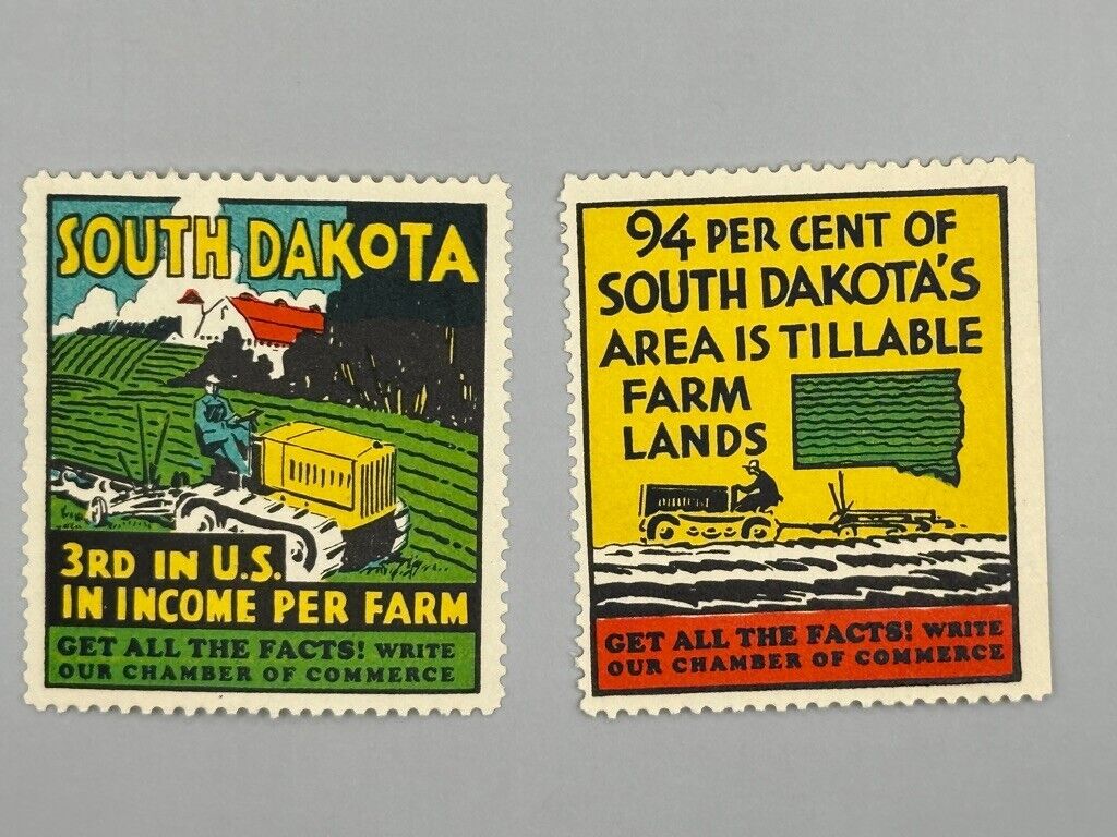 Vintage SOUTH DAKOTA Farm Lands TRACTOR Advertising POSTER STAMP