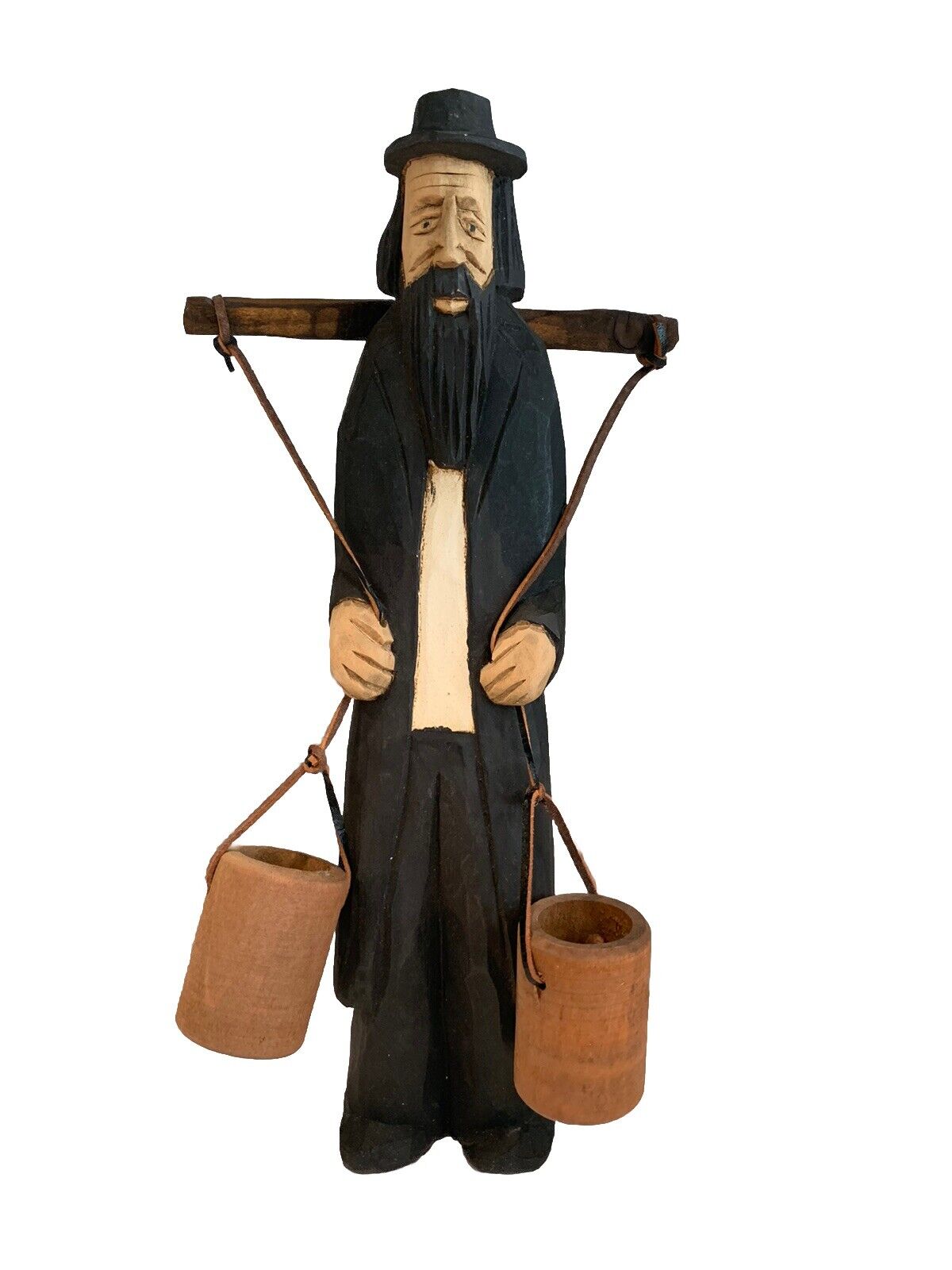 Hand carved Wood Jewish Hebrew Man Carrying Water Buckets Original Sticker