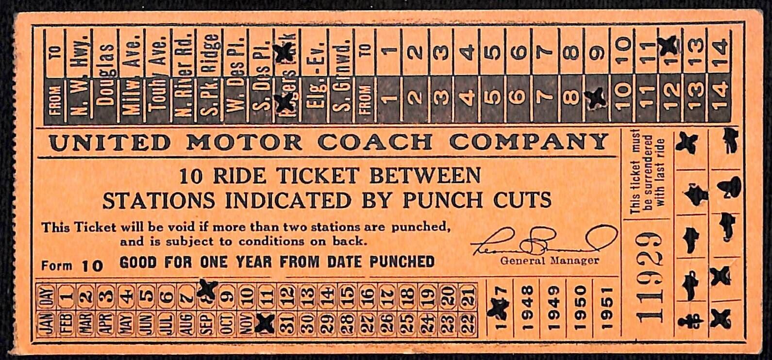 1947 United Motor Coach Company 10 Ride Ticket - Scarce