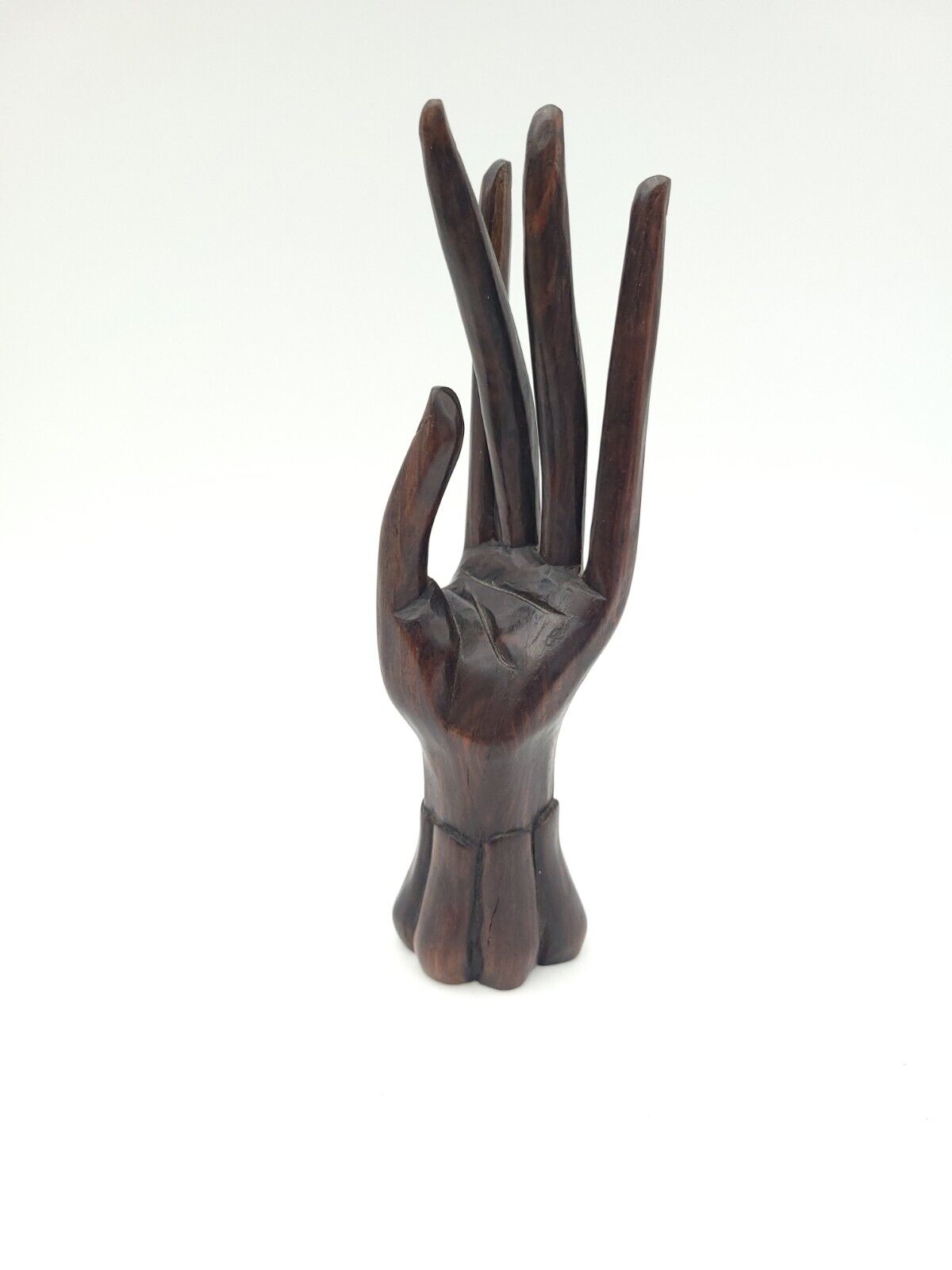 Vintage Carved Dark Solid Wood Hand Sculpture Ring Jewelry Holder Display 