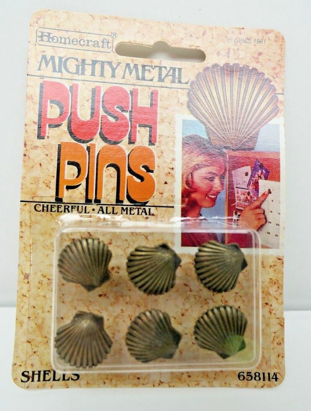 RARE Vintage 1981 Homecraft Mighty Metal Pushpins 6pk Seashells #658114 NOS 