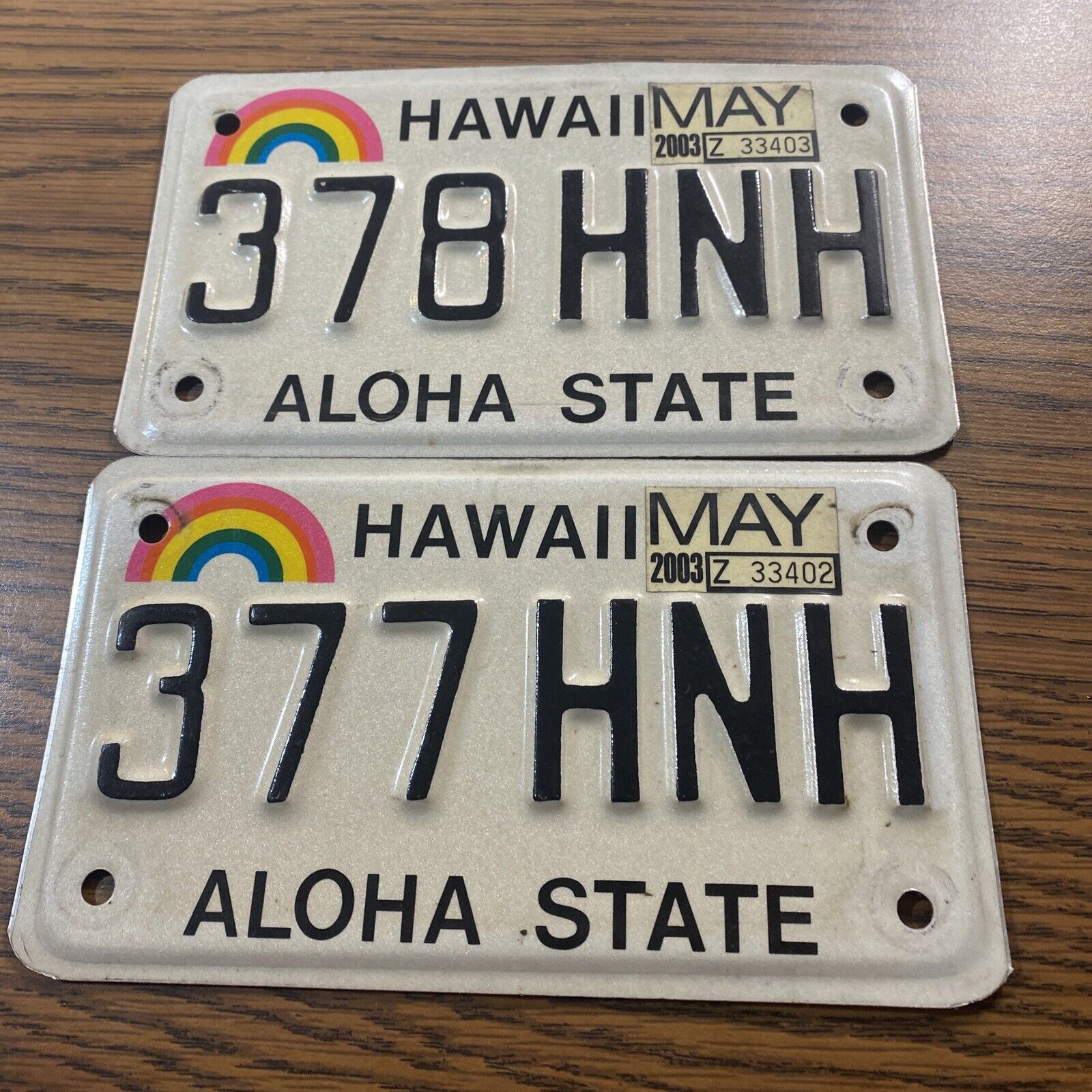 2- Hawaii motorcycle license plates Sequential Consecutive 377HNH-378HNH -A64