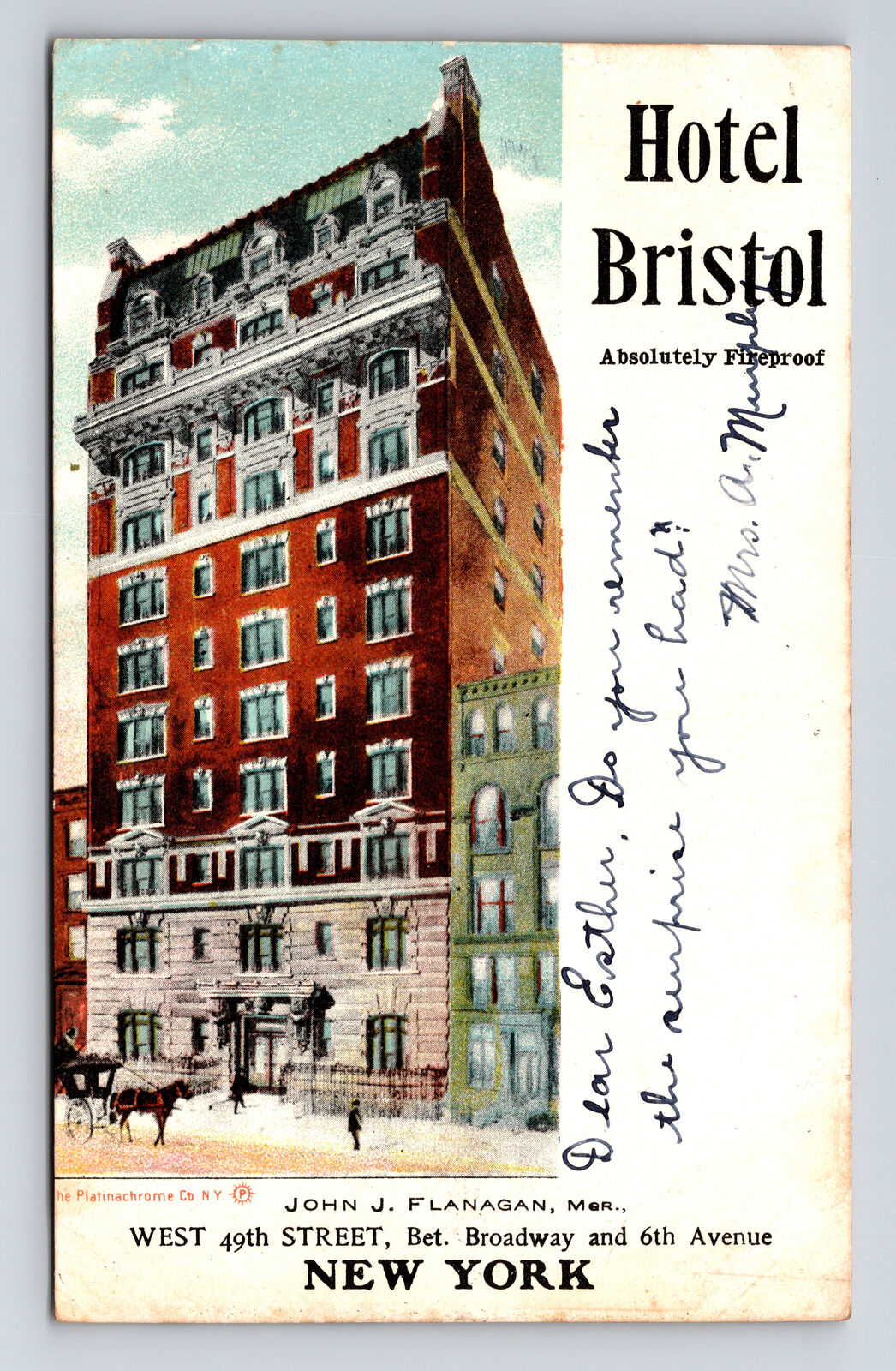 c1906 Hotel Bristol Platinachrome Co New York New York NY Postcard