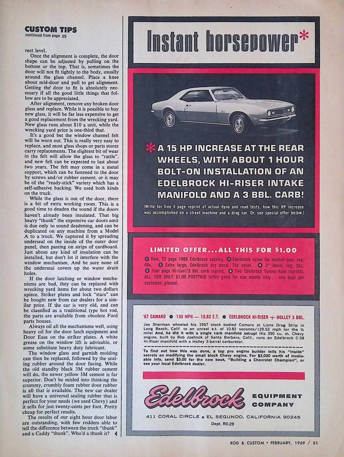 Edelbrock Equipment Company Print Ad Rod & Custom Magazine February 1969