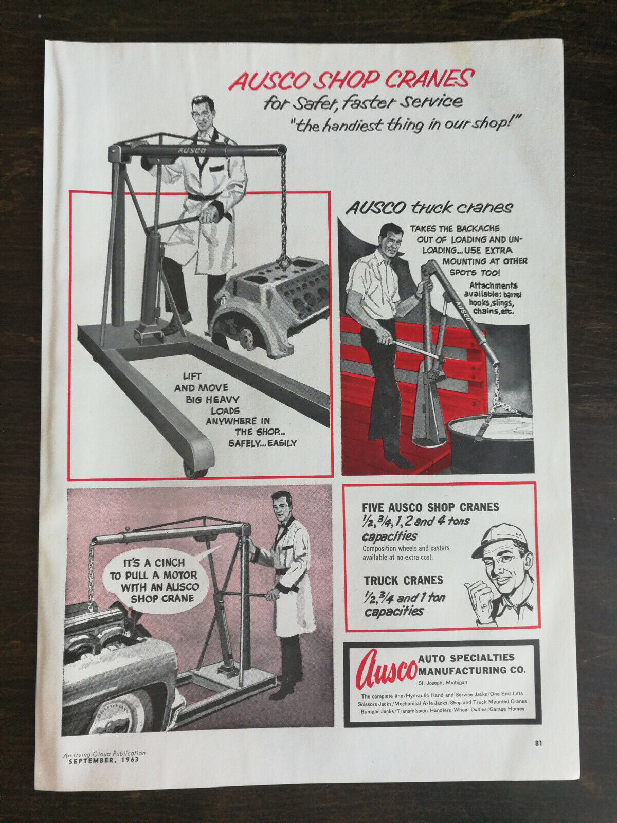 Vintage 1963 Ausco Truck Cranes Full Page Original Ad