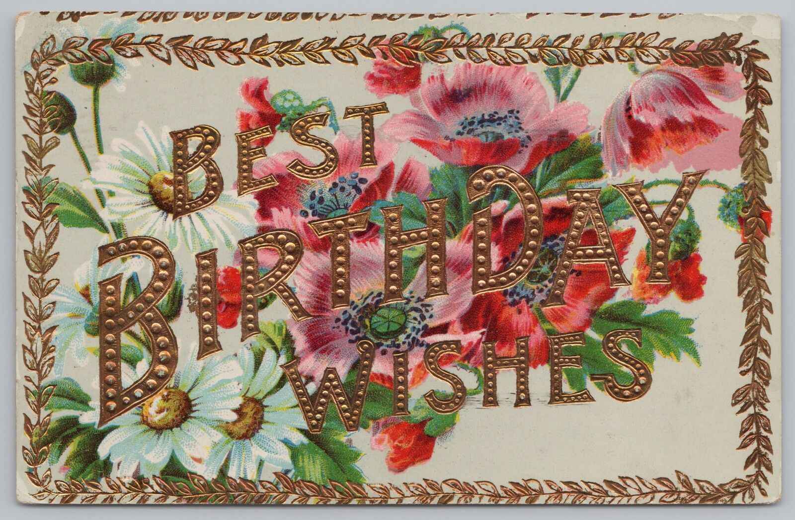Greetings~Birthday~Large Letters~Daisies~Wild Roses~Vintage Postcard