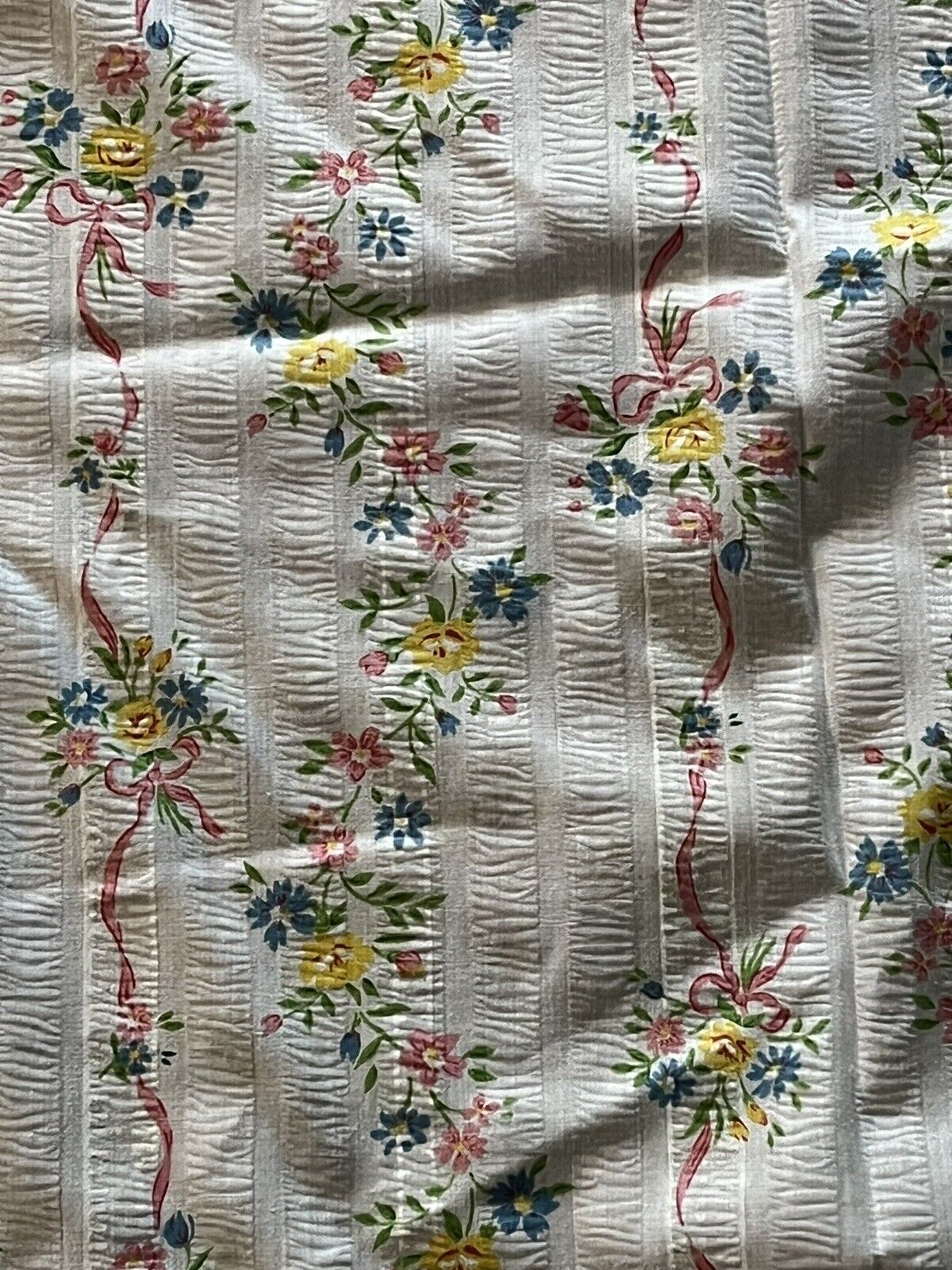 Vintage Seersucker Floral Long Ruffled Curtain Panels Cottage Core