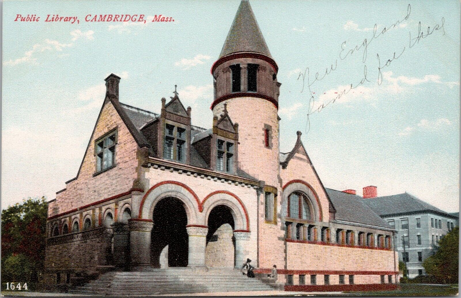 Public Library Cambridge MA People on Steps 1907-1915 Postcard Germany UNP