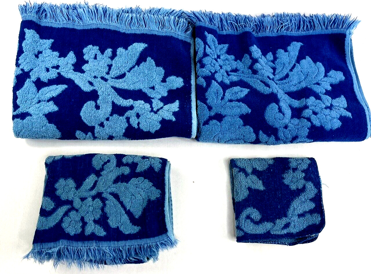 Vintage MCM 60s Cannon Monticello Bath Hand Towel Set 4 Pieces Floral Blue