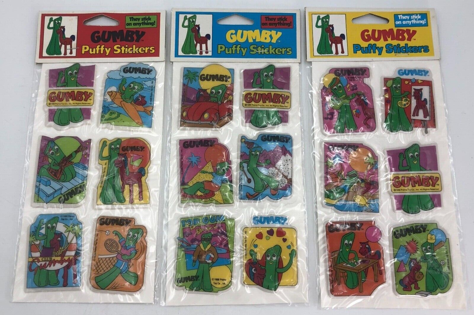 (3)x Gumby Puffy Vintage Sticker 1988 Unopened Original Sealed Packs Set Lot