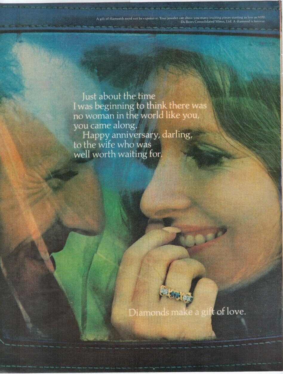 1972 De Beers Consolidated Mine Diamonds Make Gift of Love Couple Vtg Print Ad