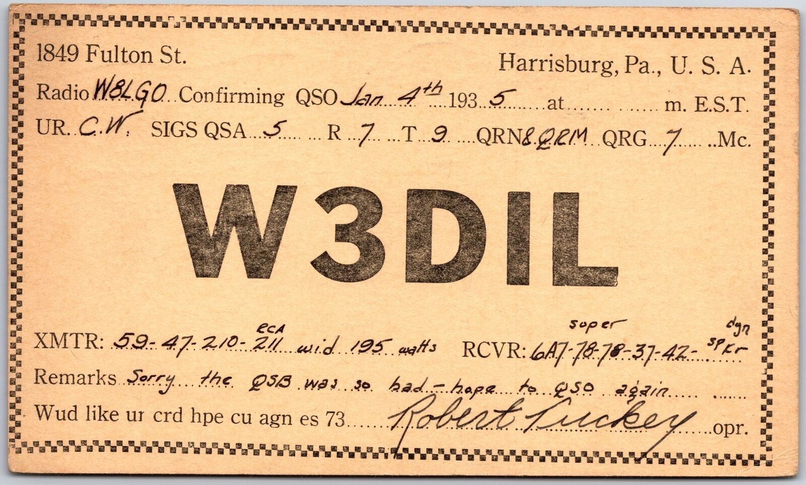 1935 QSL Radio Card Code W3DIL Harrisburg PA Amateur Station Posted Postcard