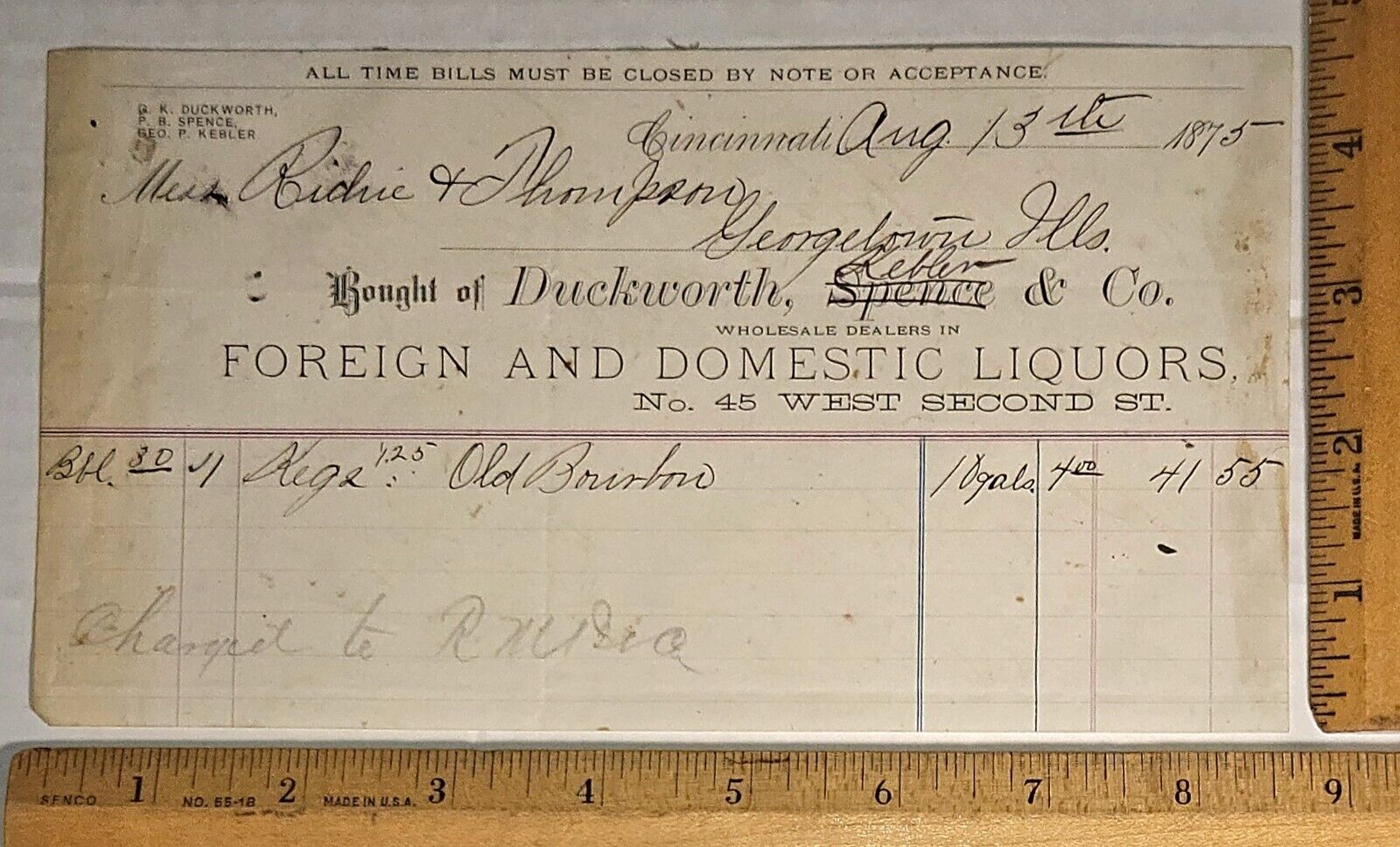 Antique 1875 Cincinnati, Ohio letter Head Bill/Foreign & Domestic Liquor/Bourbon