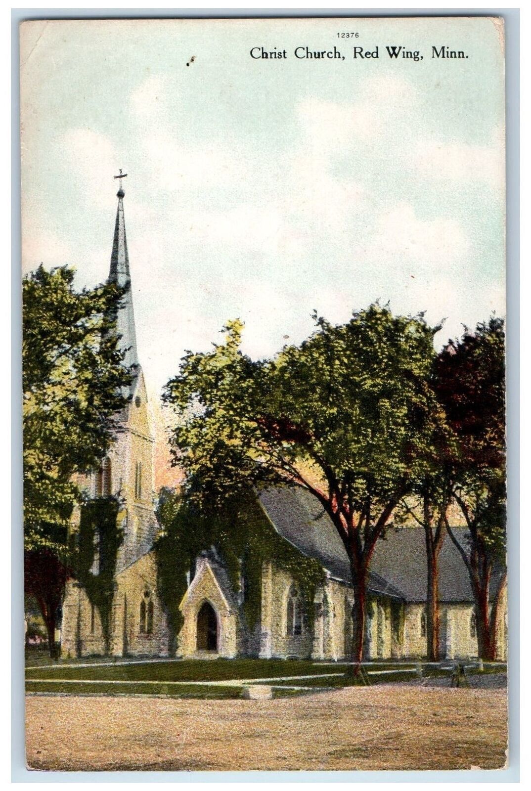 1909 Red Wing Minnesota MN Christ Church Building Cross Tower Dirt Road Postcard