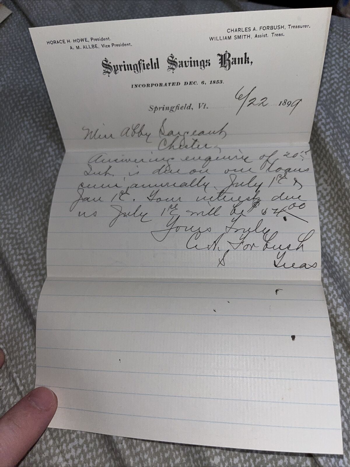1899 Letter to Chester Vermont: Springfield Savings Bank Letterhead VT Sargeant