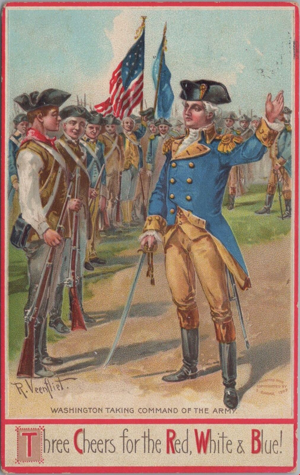 Patriotic Postcard Artist Signed George Washington Taking Command of Army 